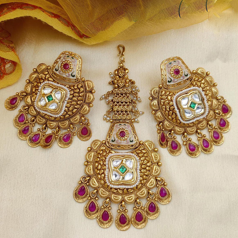 Jewel Addiction Gold Plated Pota Stone And Beads Dangler Earrings With Maangtikka