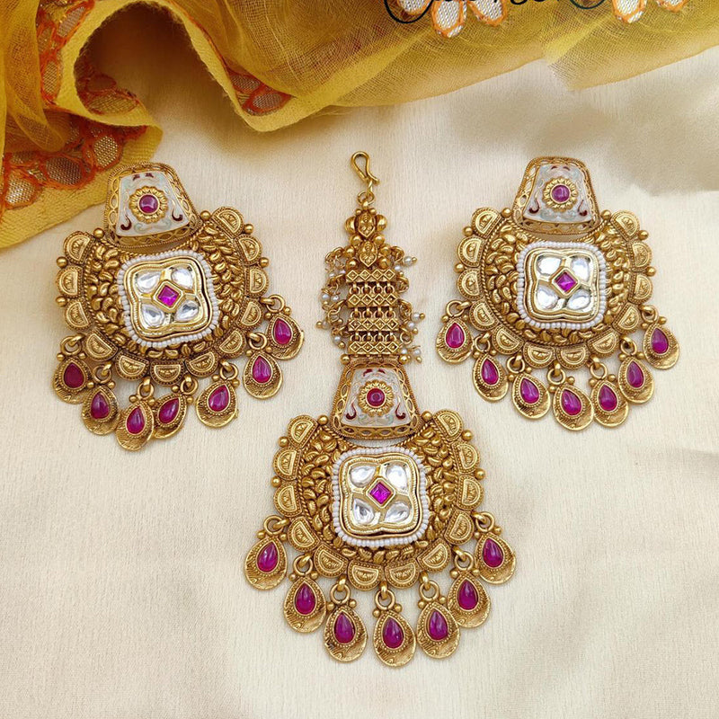 Jewel Addiction Gold Plated Pota Stone And Beads Dangler Earrings With Maangtikka