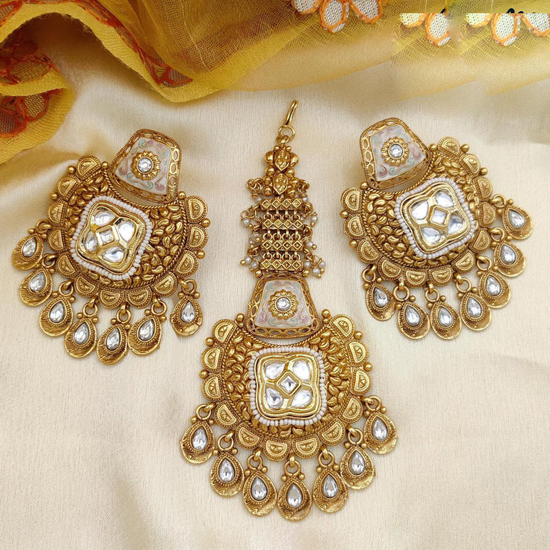 Jewel Addiction Gold Plated Pota Stone And Beads Dangler Earrings With Maangtikka