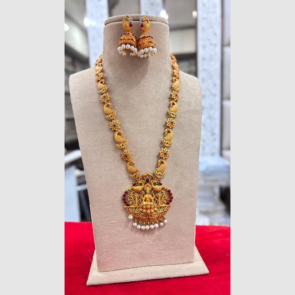 Jewel Addiction Gold Plated Pota Stone And Pearls Temple Long Necklace Set