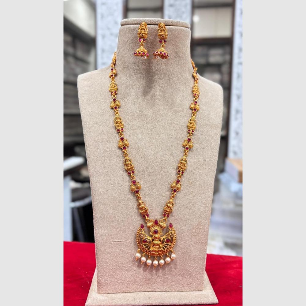 Jewel Addiction Gold Plated Pota Stone And Pearls Temple Long Necklace Set