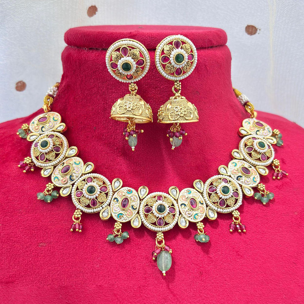 Jewel Addiction Gold Plated Pota Stone And Pearls Meenakari Necklace Set