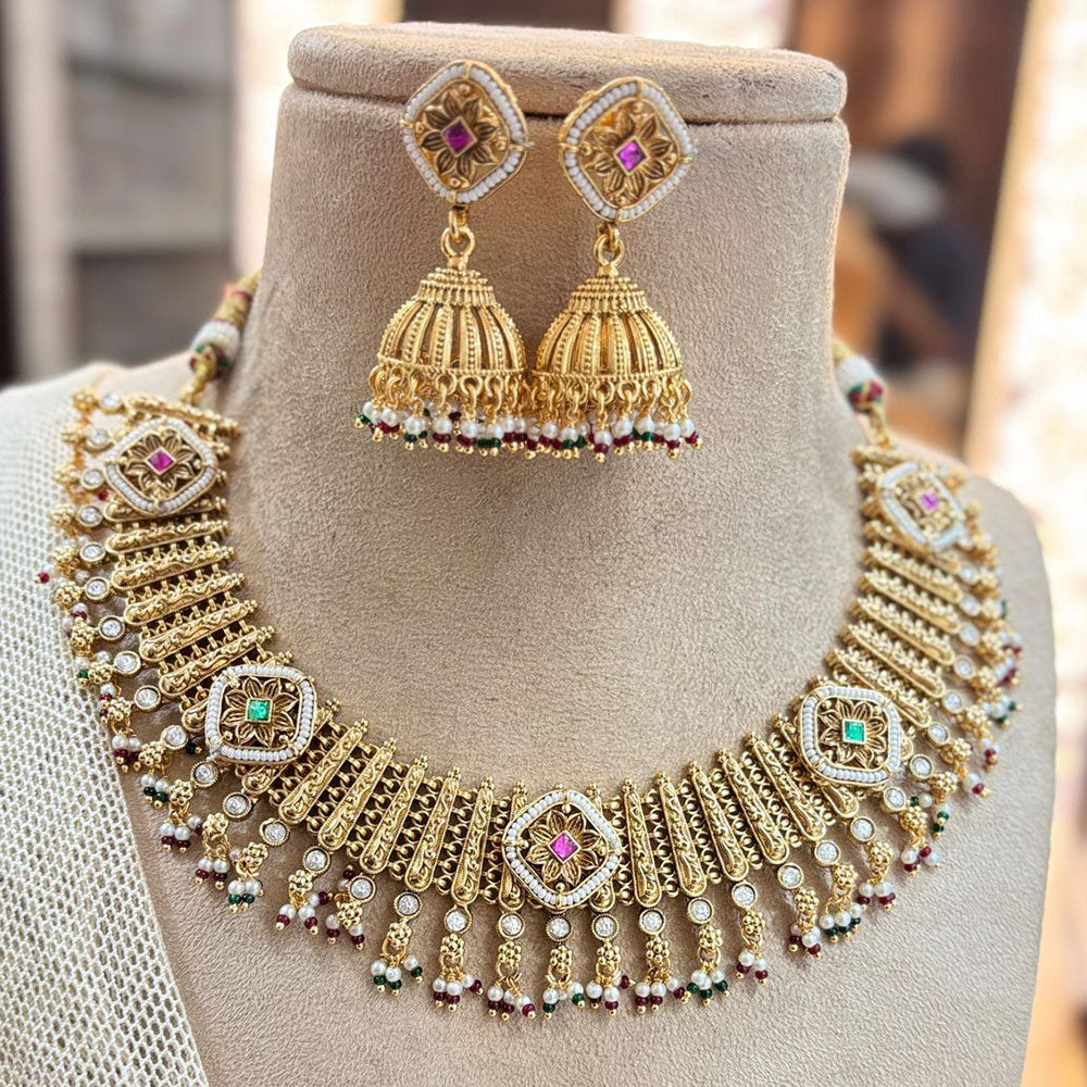 Jewel Addiction Gold Plated Pota Stone And Pearls Necklace Set