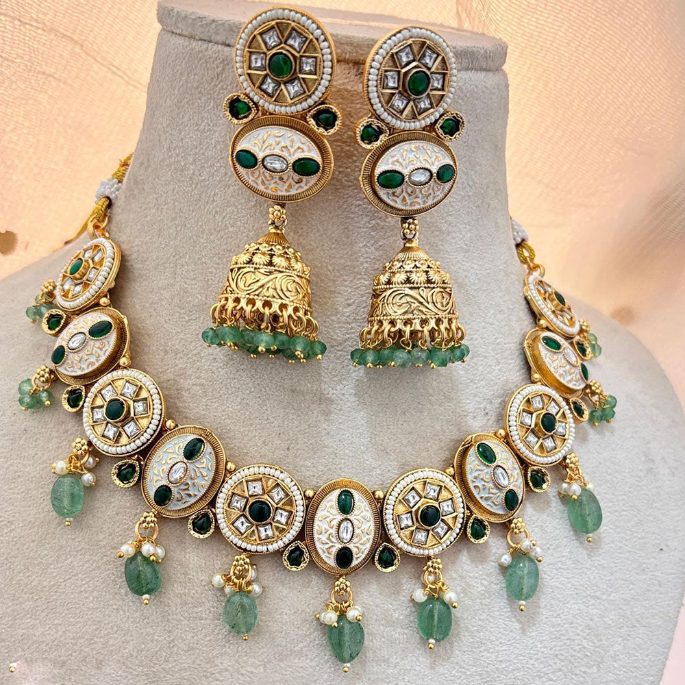 Jewel Addiction Gold Plated Pota Stone And Pearls Meenakari Necklace Set