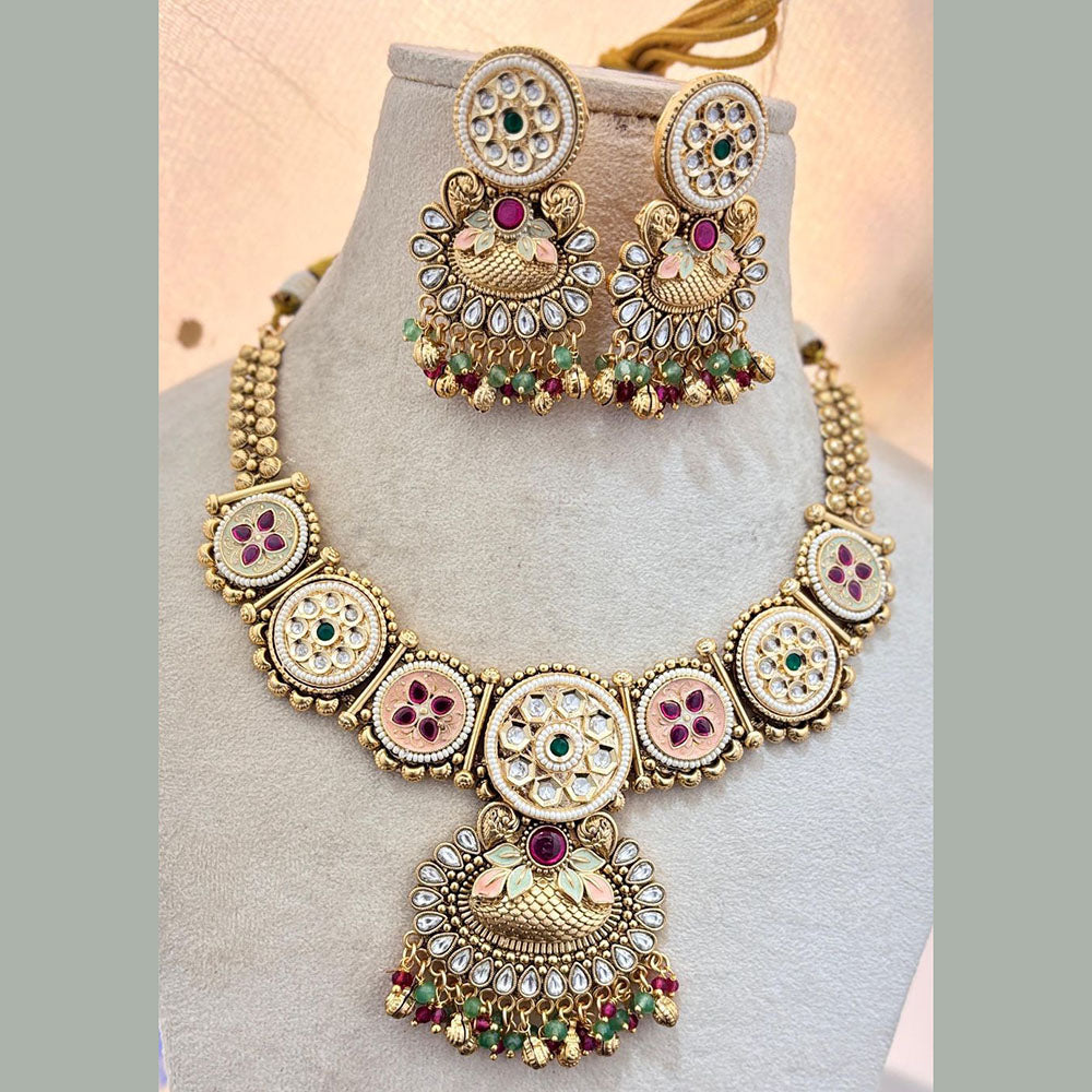 Jewel Addiction Gold Plated Pota Stone And Pearls Meenakari Necklace Set