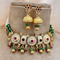 Jewel Addiction Gold Plated Pota Stone And Pearls Meenakari Choker Necklace Set