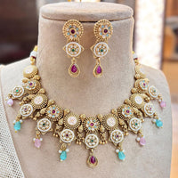 Jewel Addiction Gold Plated Pota Stone And Beads Meenakari Necklace Set
