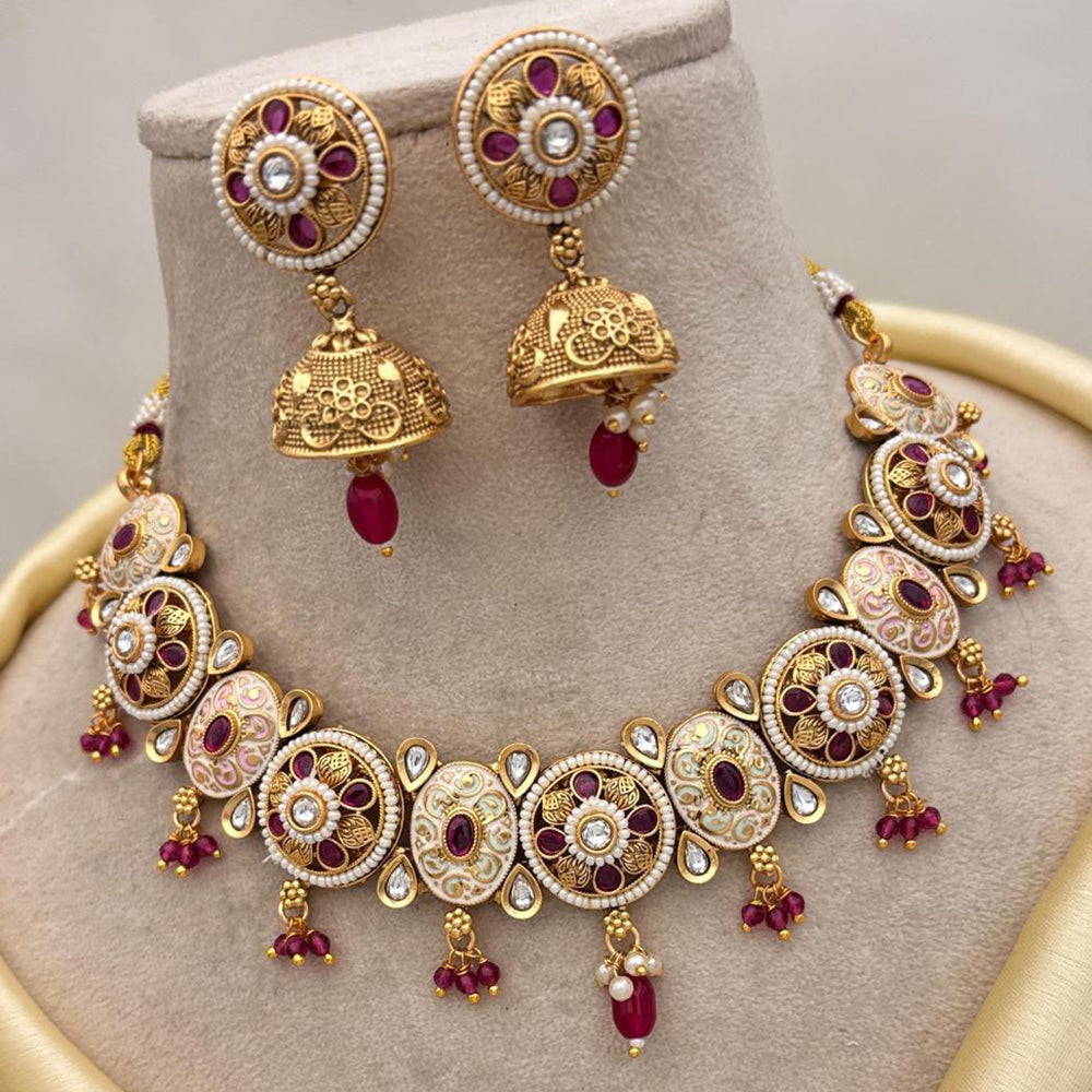 Jewel Addiction Gold Plated Pota Stone And Pearls Meenakari Necklace Set