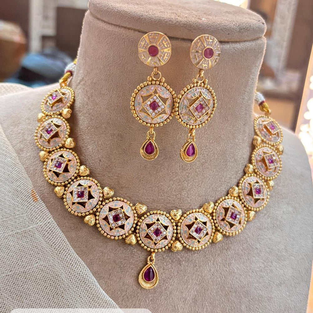 Jewel Addiction Copper Gold Pota Stone Meenakari Necklace Set