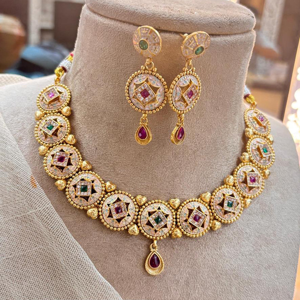Jewel Addiction Copper Gold Pota Stone Meenakari Necklace Set