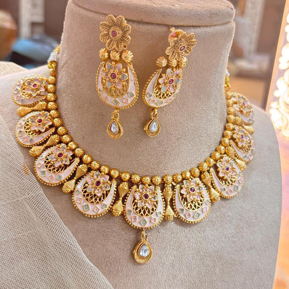 Jewel Addiction Copper Gold Pota Stone Meenakari Necklace Set