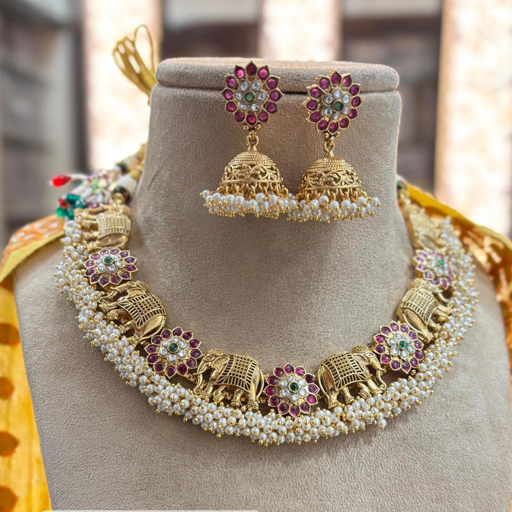 Jewel Addiction Copper Gold Pota Stone And Pearls Elephant Necklace Set