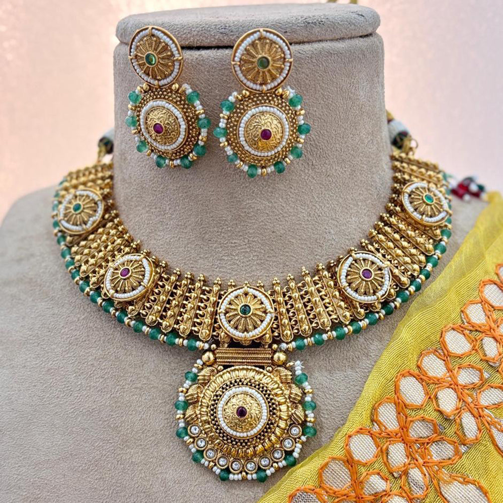 Jewel Addiction Copper Gold Pota Stone And Pearls Necklace Set