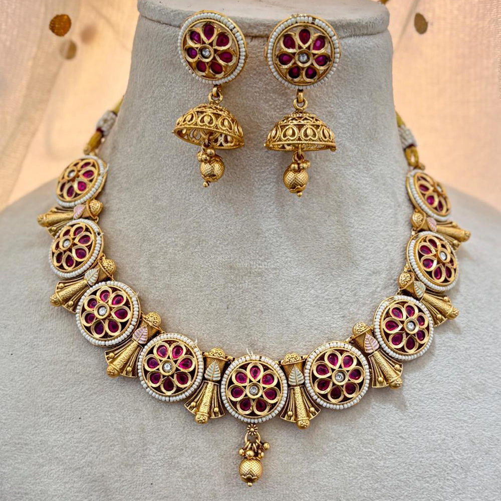 Jewel Addiction Copper Gold Pota Stone And Pearls Necklace Set