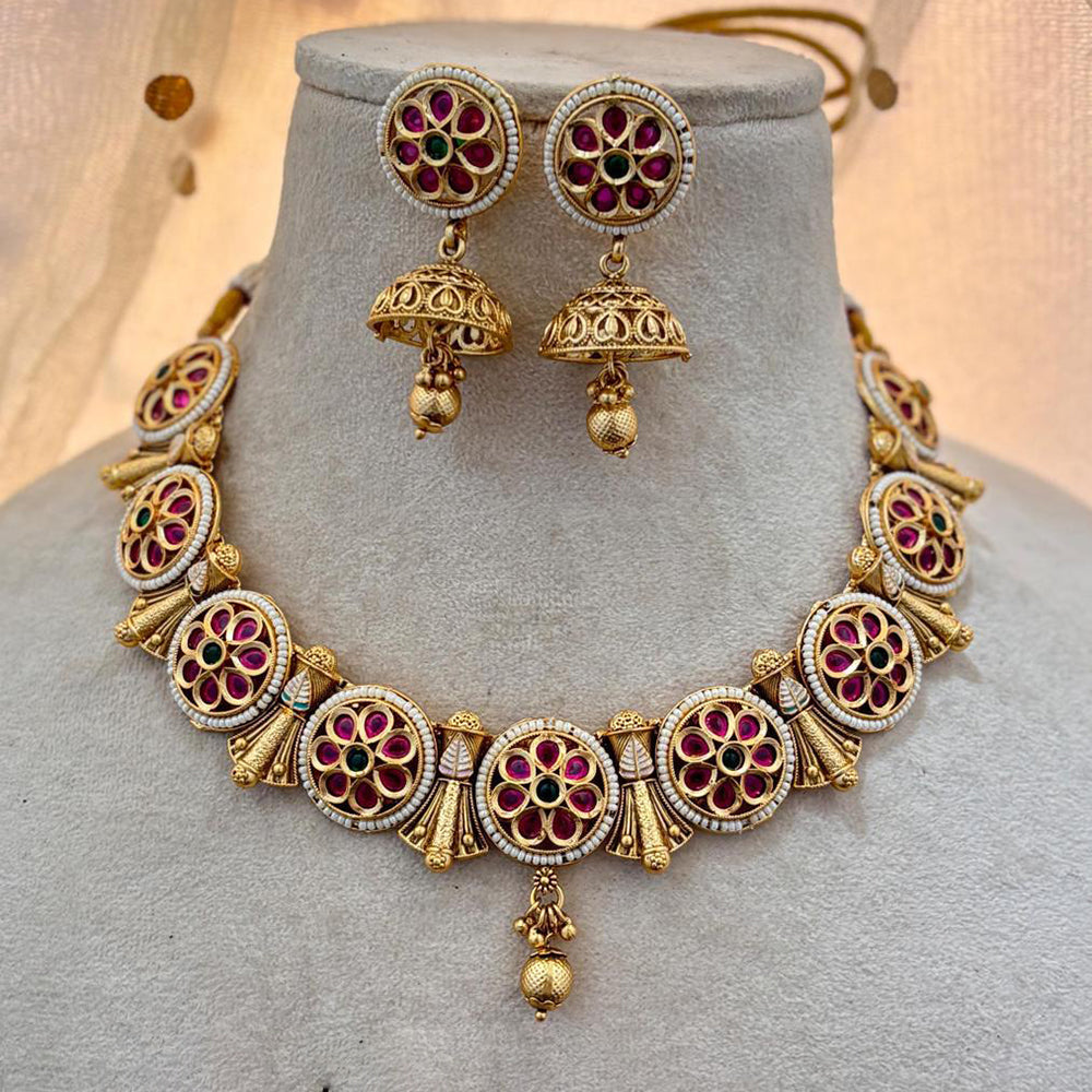 Jewel Addiction Copper Gold Pota Stone And Pearls Necklace Set