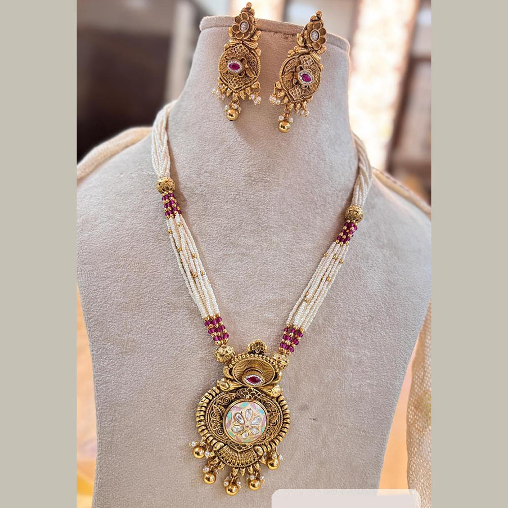 Jewel Addiction Elegant Gold Plated Pota And Pearl MeenakariNecklace Set