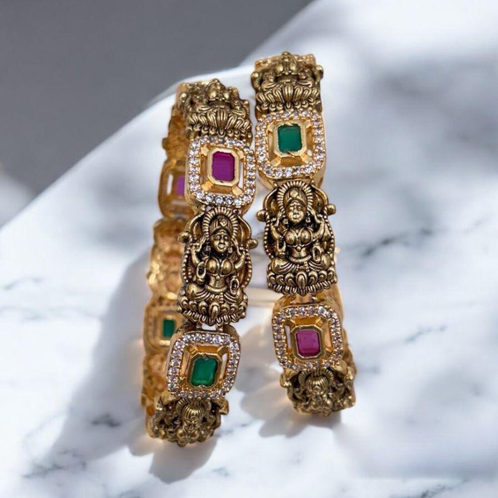 Jewel Addiction Gold Plated Pota Stone And Austrian Stone Temple Bangles Set