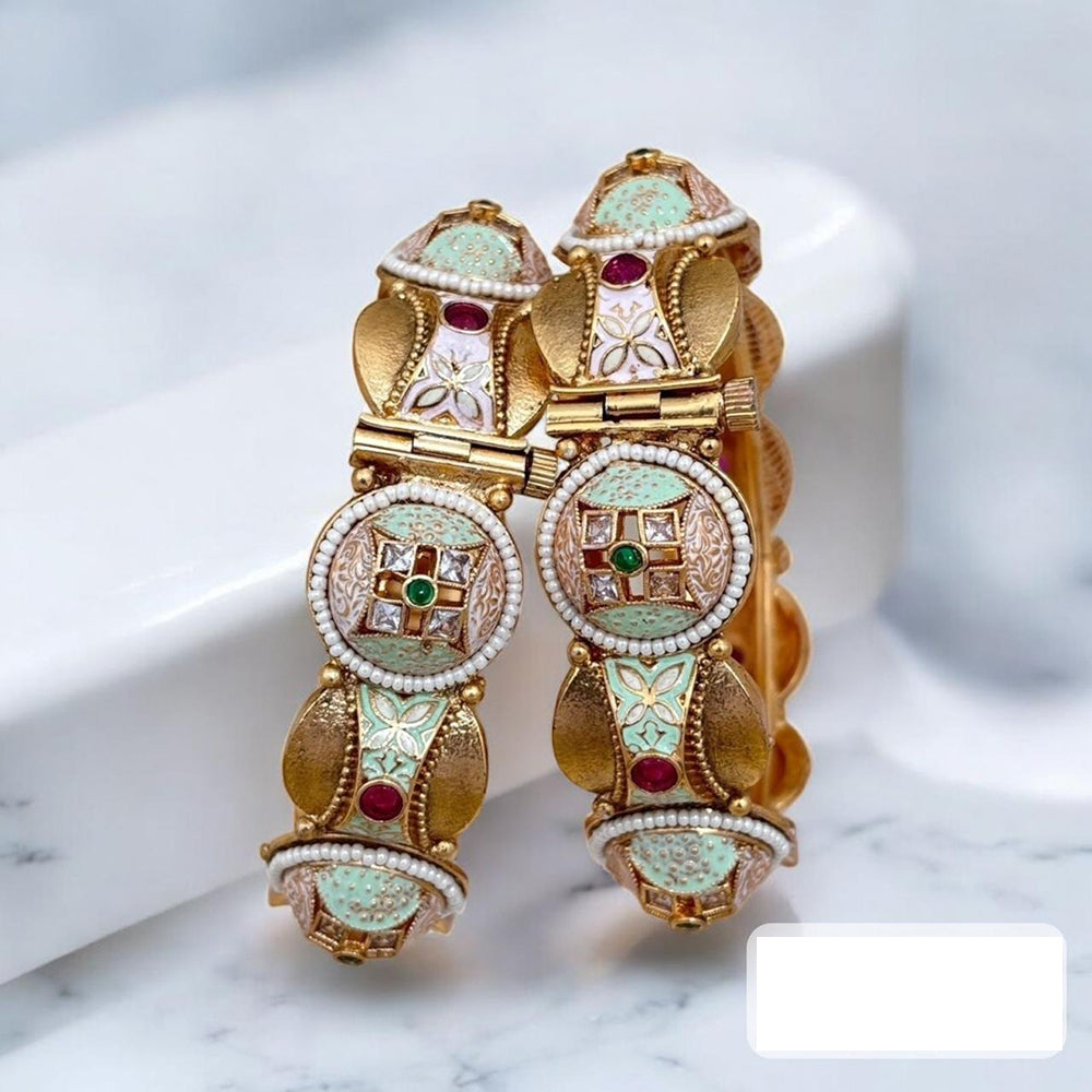 Jewel Addiction Gold Plated Pota Stone And Pearl Openable Bangles Set