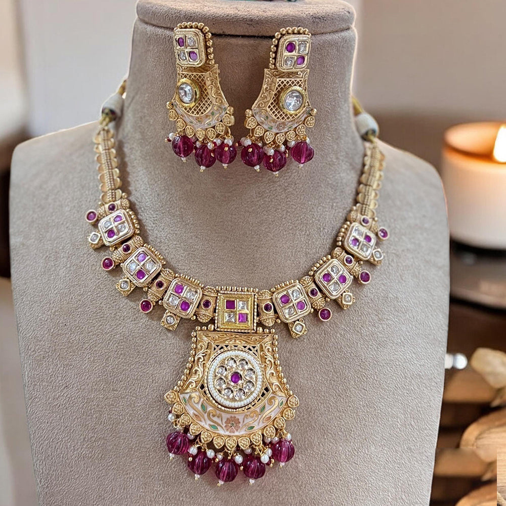 Jewel Addiction Gold Plated Pota Stone And Beads Meenakari Necklace Set