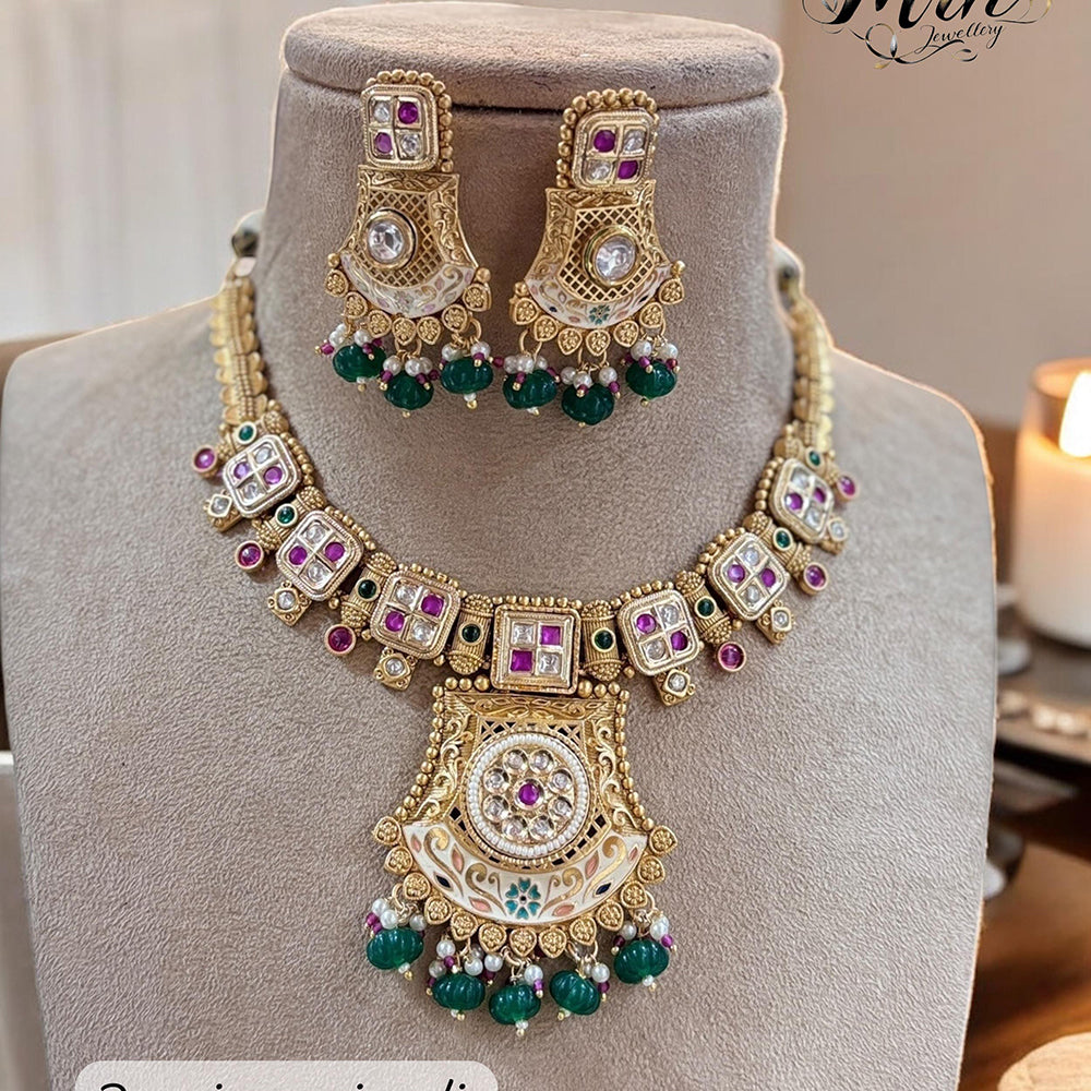 Jewel Addiction Gold Plated Pota Stone And Beads Meenakari Necklace Set