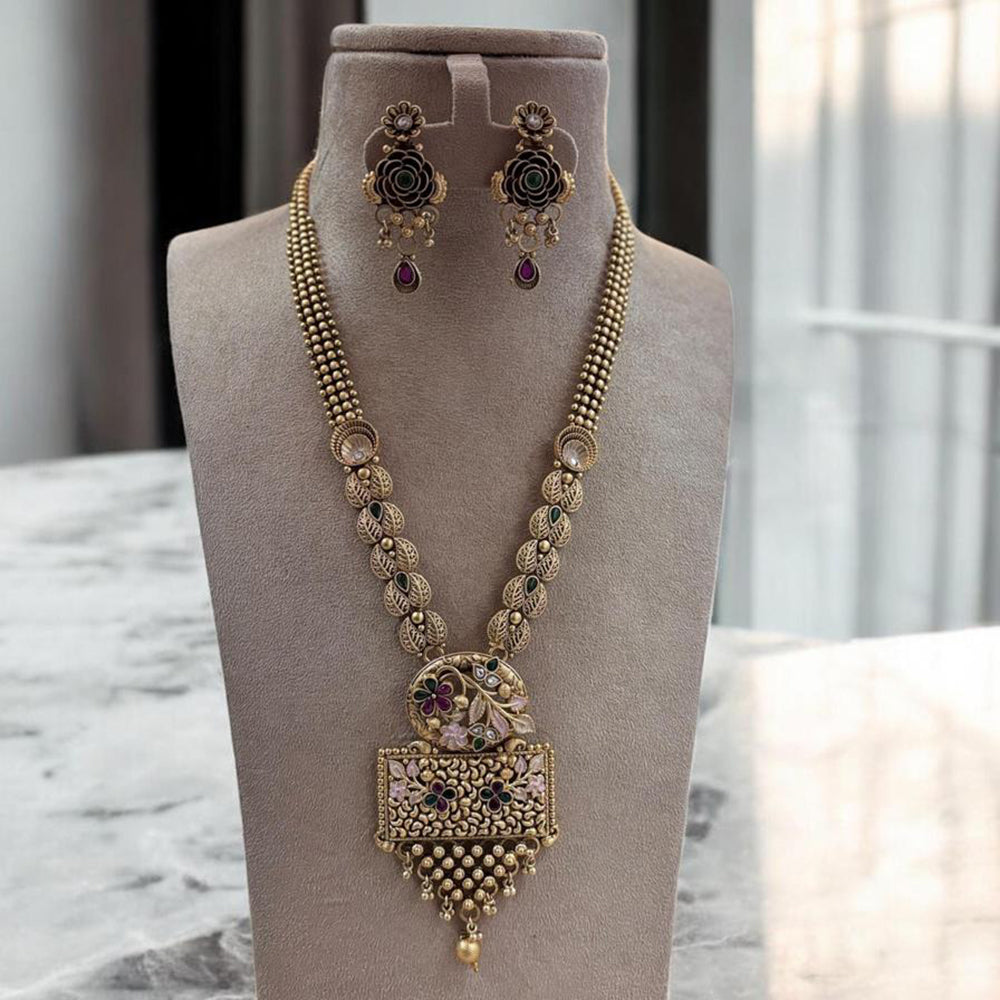 Jewel Addiction Gold Plated Pota Stone And Beads Meenakari Long Necklace Set