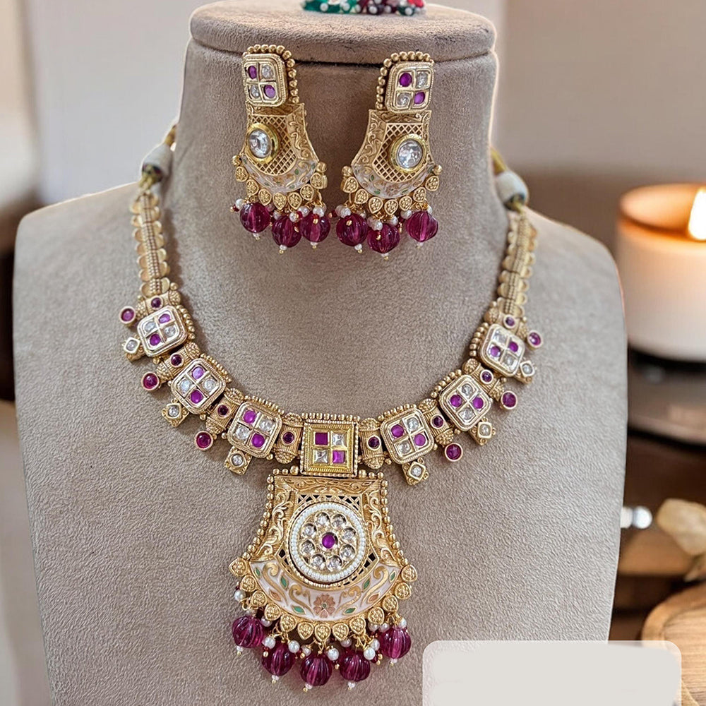 Jewel Addiction Gold Plated Pota Stone And Beads Meenakari Necklace Set
