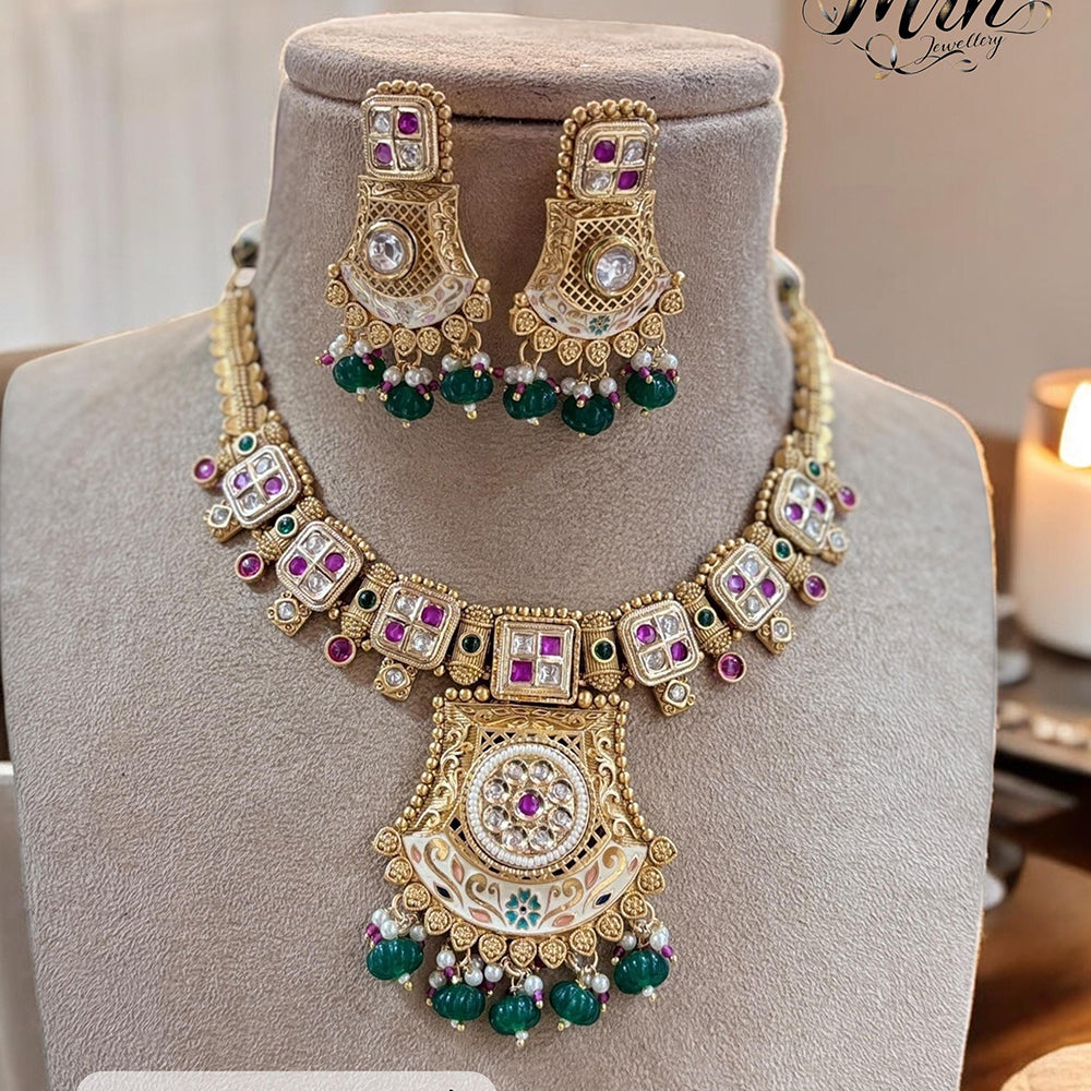 Jewel Addiction Gold Plated Pota Stone And Beads Meenakari Necklace Set