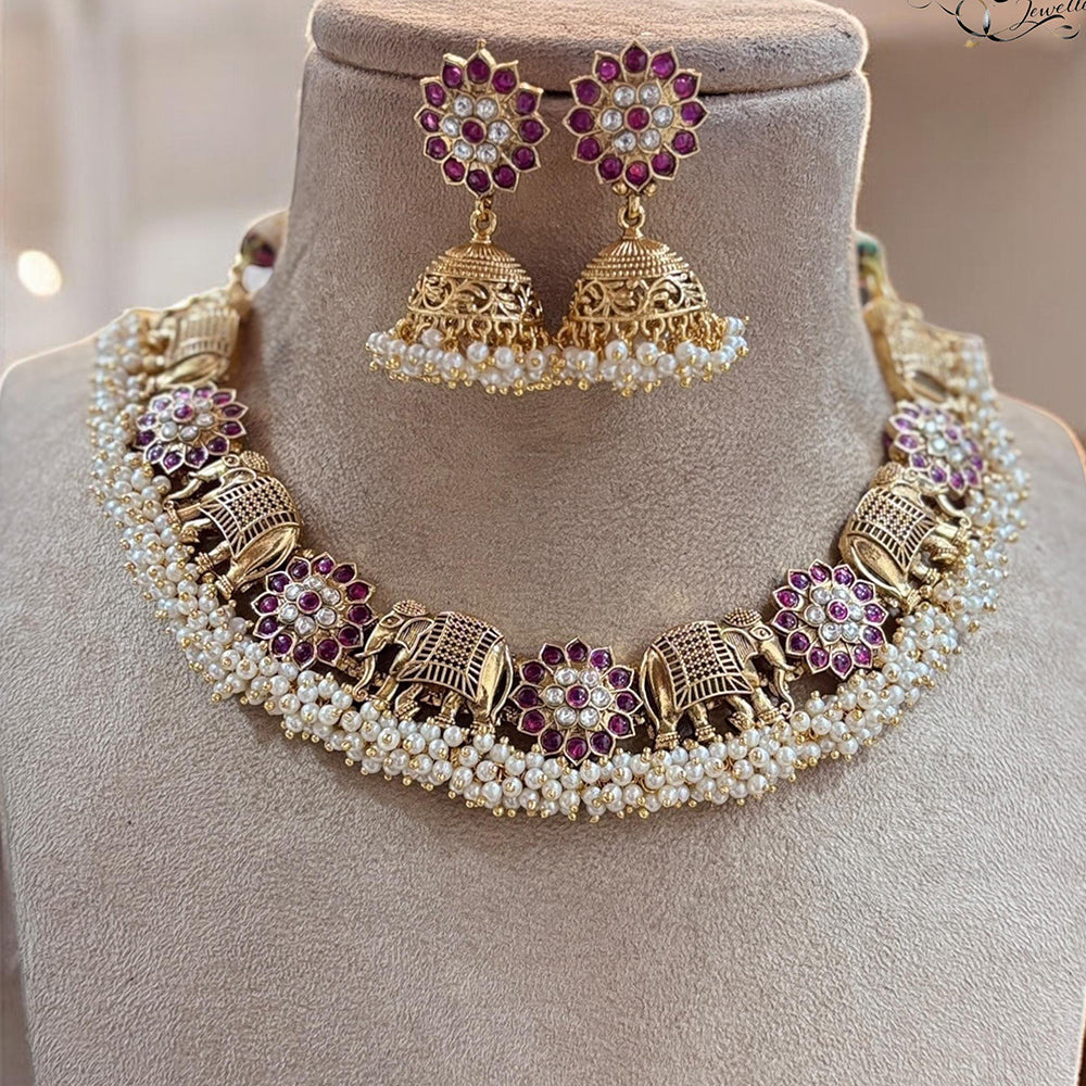 Jewel Addiction Gold Plated Pota Stone And Pearls Necklace Set