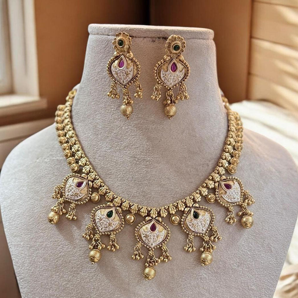 Jewel Addiction Gold Plated Pota Stone And Beads Meenakari Necklace Set