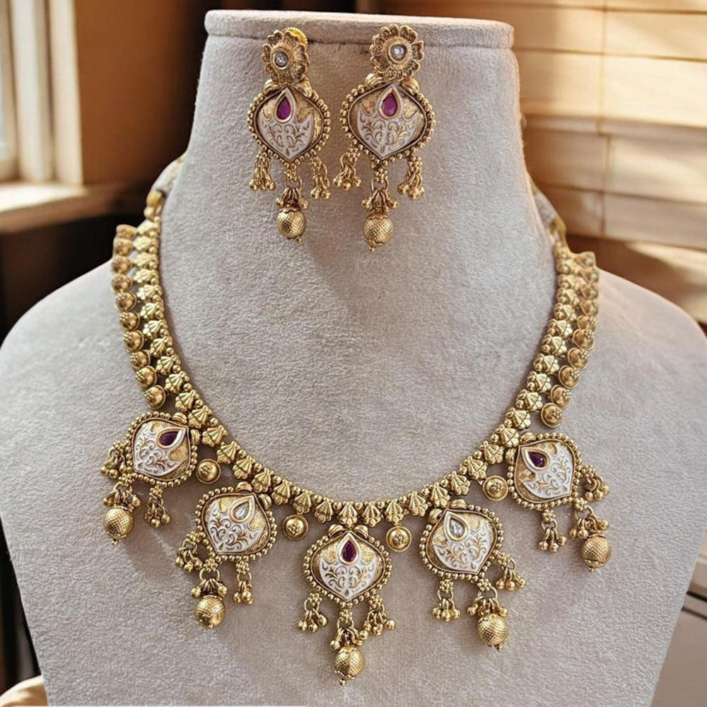 Jewel Addiction Gold Plated Pota Stone And Beads Meenakari Necklace Set