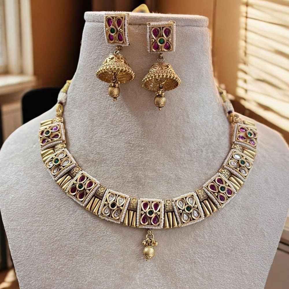 Jewel Addiction Gold Plated Pota Stone And Pearls Necklace Set