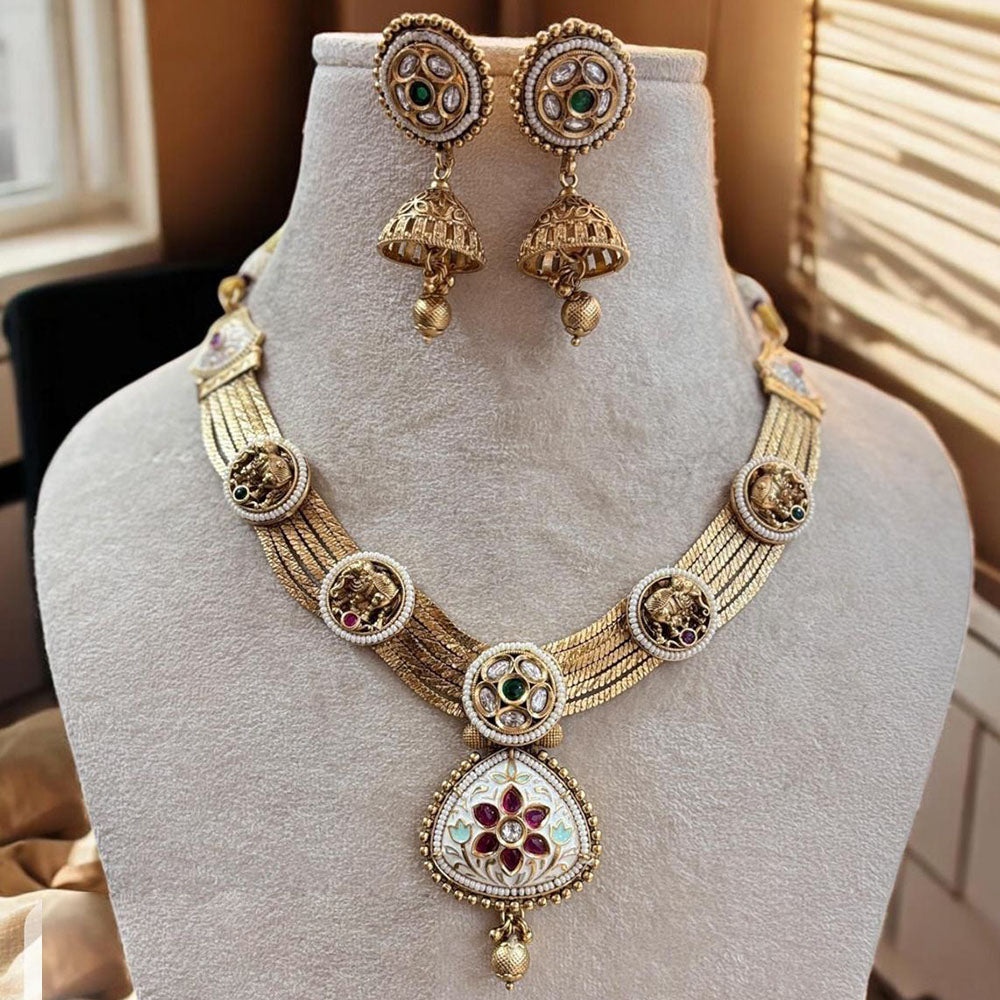 Jewel Addiction Gold Plated Pota Stone And Beads Meenakari Necklace Set