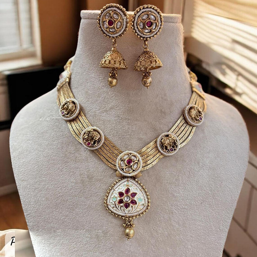 Jewel Addiction Gold Plated Pota Stone And Beads Meenakari Necklace Set