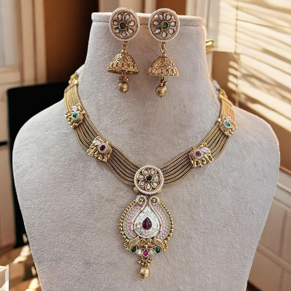 Jewel Addiction Gold Plated Pota Stone And Beads Meenakari Necklace Set