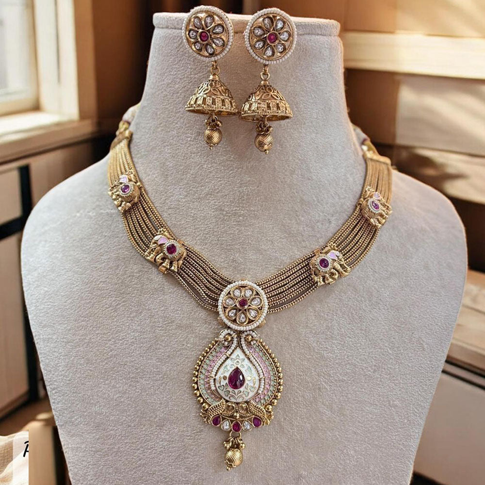 Jewel Addiction Gold Plated Pota Stone And Beads Meenakari Necklace Set