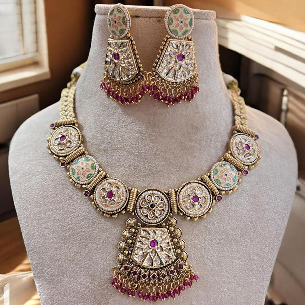 Jewel Addiction Gold Plated Pota Stone And Beads Meenakari Necklace Set