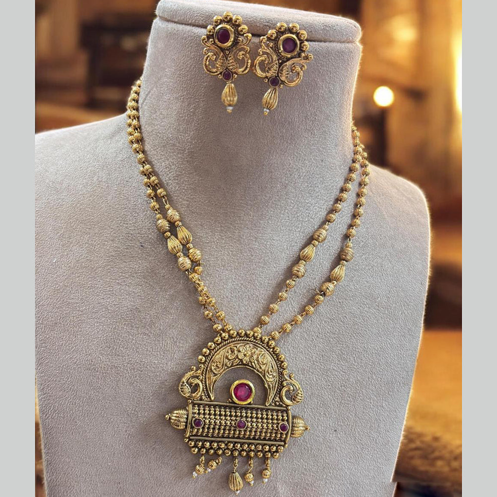 Jewel Addiction Antique Gold Plated Pota Stone for Brides & Festivals Long Necklace Set
