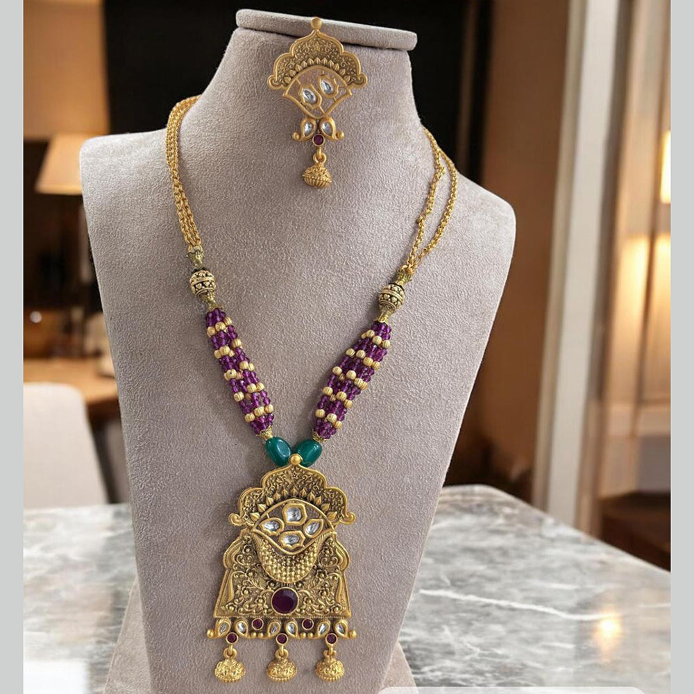 Jewel Addiction Antique Gold Plated Pota Stone for Brides & Festivals Long Necklace Set