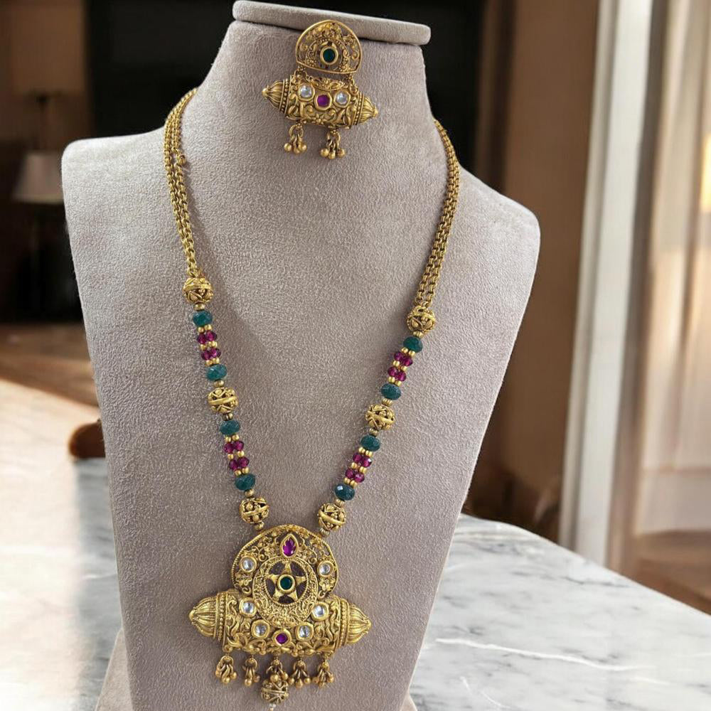 Jewel Addiction Antique Gold Plated Pota Stone for Brides & Festivals Long Necklace Set