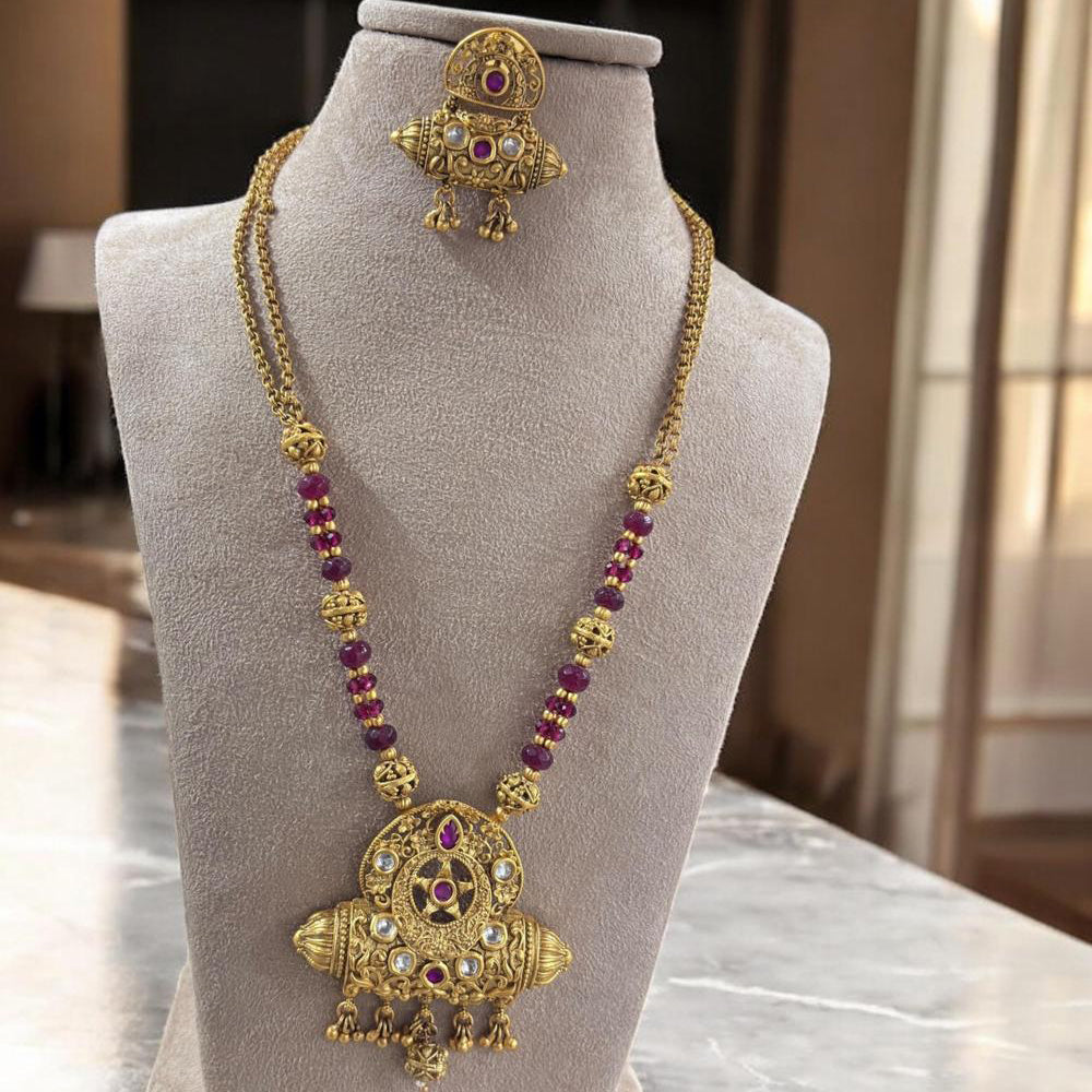Jewel Addiction Antique Gold Plated Pota Stone for Brides & Festivals Long Necklace Set