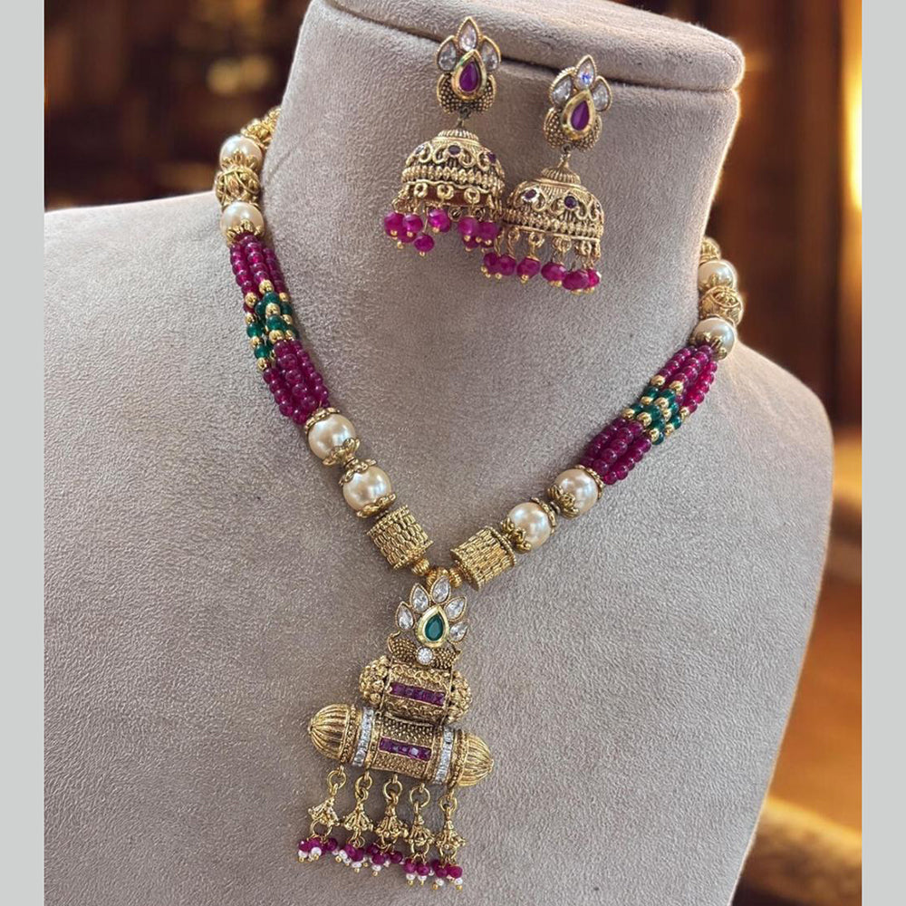 Jewel Addiction Antique Gold Plated Pota Stone for Brides & Festivals Long Necklace Set