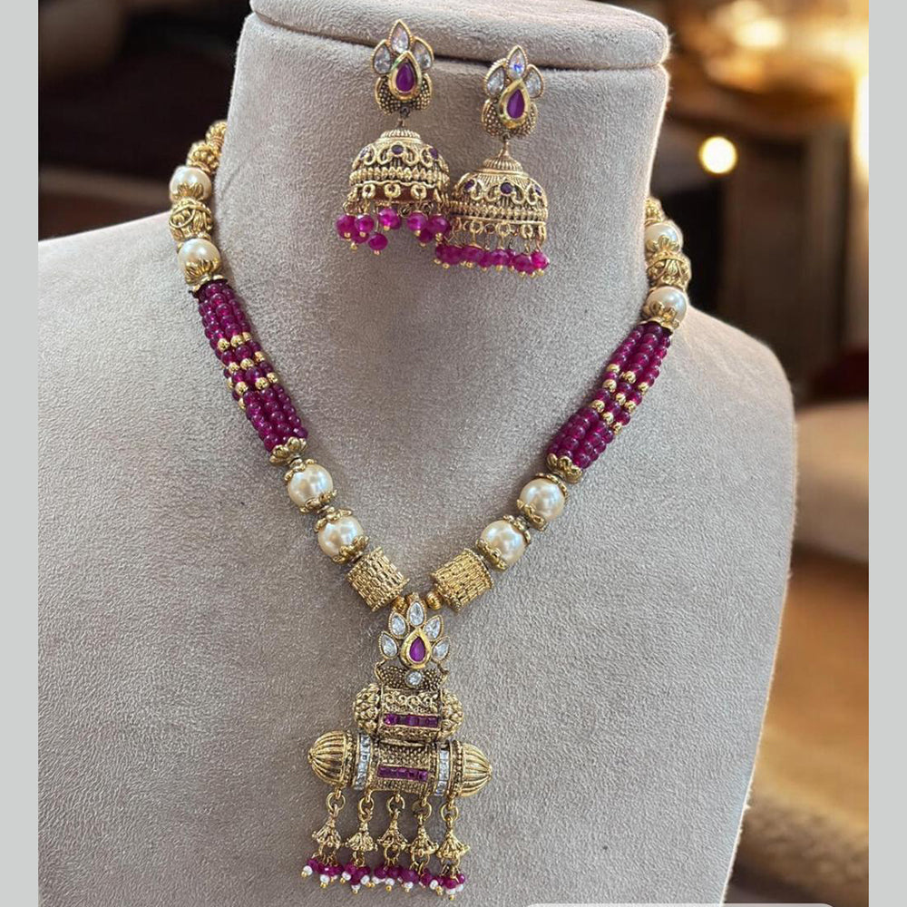 Jewel Addiction Antique Gold Plated Pota Stone for Brides & Festivals Long Necklace Set