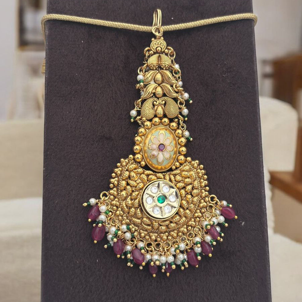 Jewel Addiction Gold Plated Pota Stone And Pearl Meenakari Maangtikka
