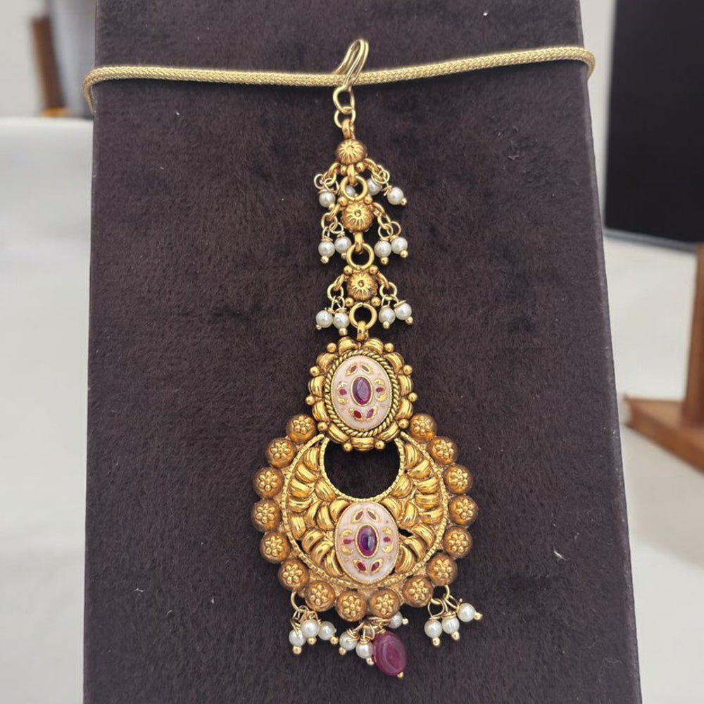 Jewel Addiction Gold Plated Pota Stone And Pearl Meenakari Maangtikka