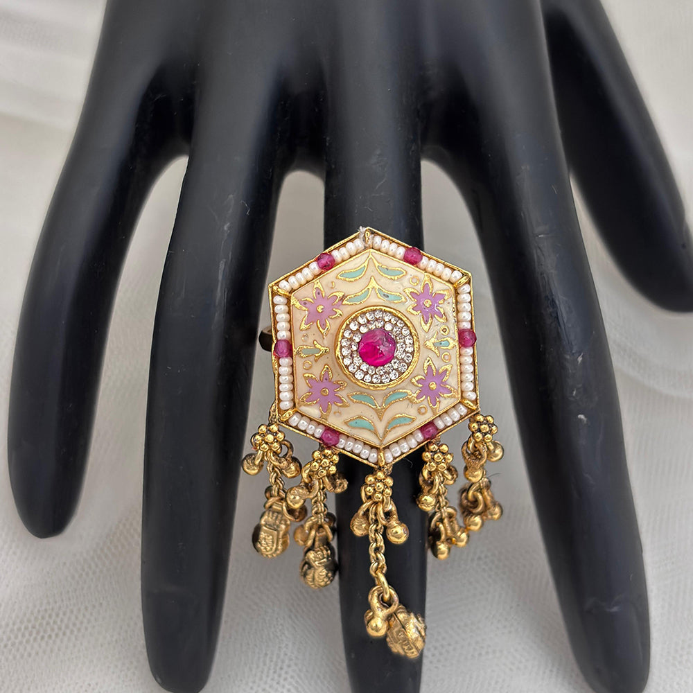Jewel Addiction Gold Plated Pota Stone And Pearl Meenakari Ring
