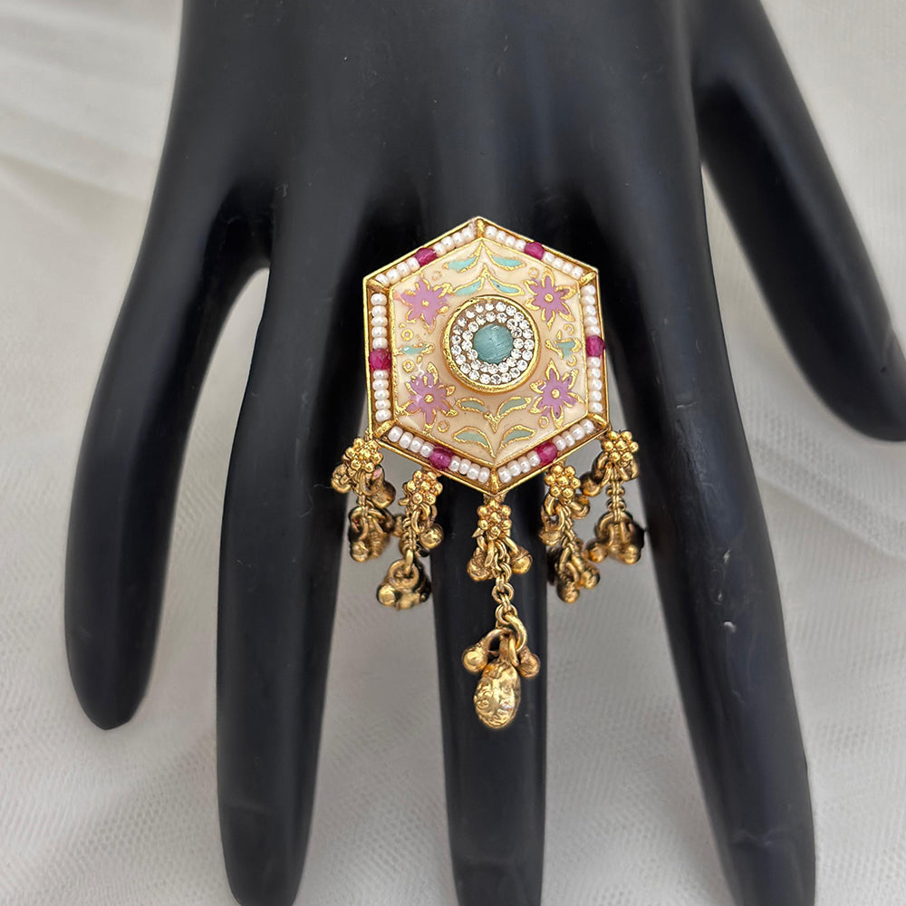Jewel Addiction Gold Plated Pota Stone And Pearl Meenakari Ring