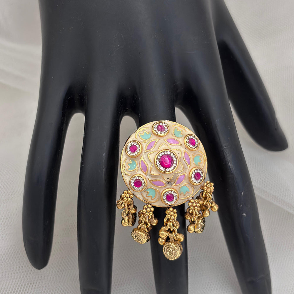 Jewel Addiction Gold Plated Pota Stone And Pearl Meenakari Ring