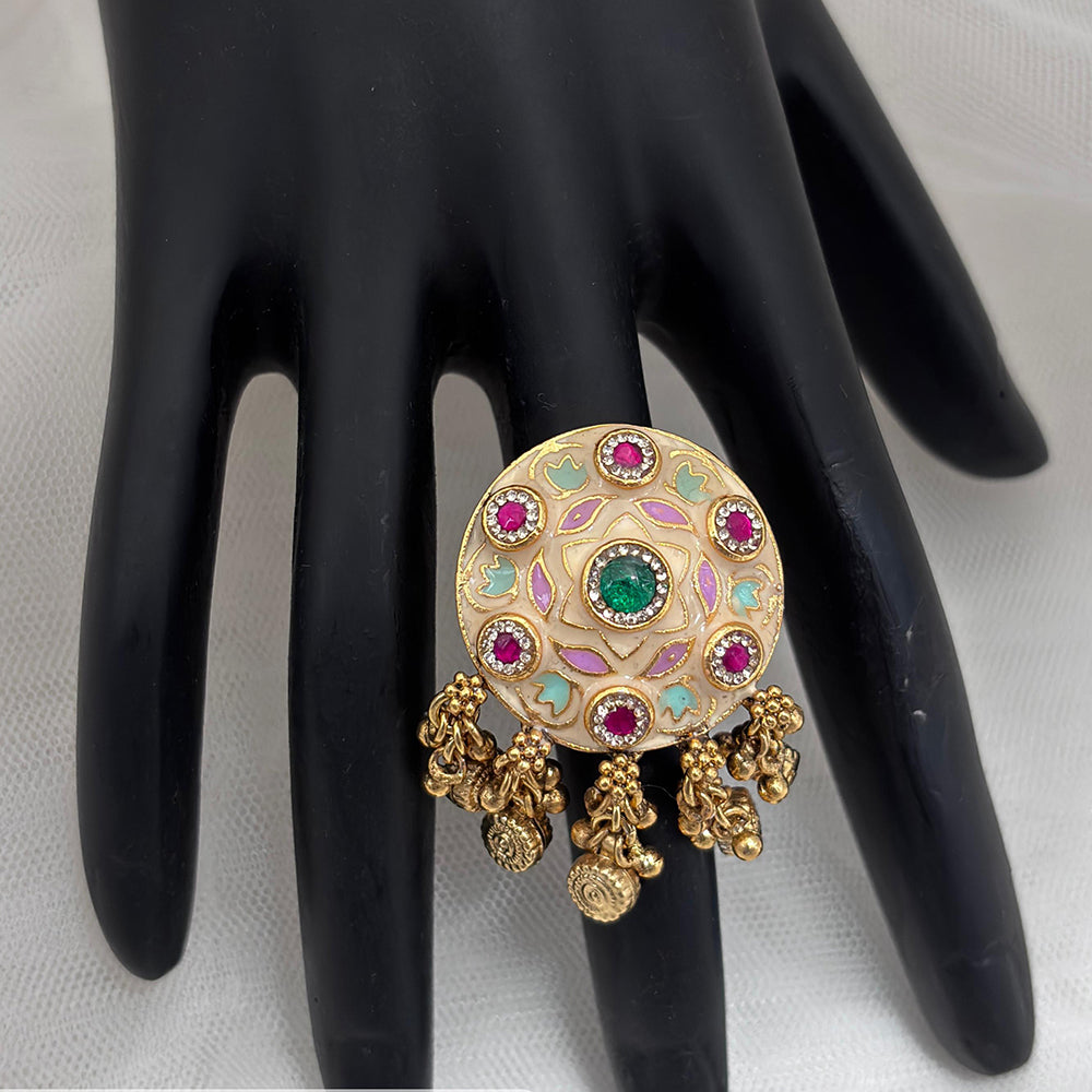 Jewel Addiction Gold Plated Pota Stone And Pearl Meenakari Ring