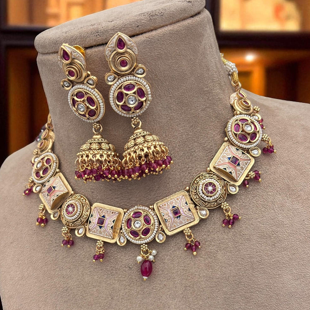 Jewel Addiction Traditional Pota Stone And Pearl Meenakari Choker Necklace Set