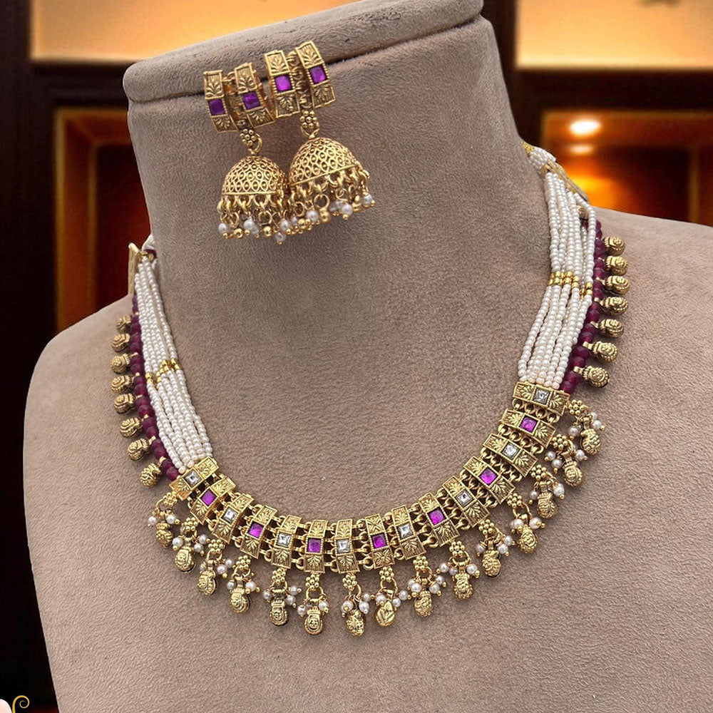 Jewel Addiction Ethnic Necklace Set Elegant Pota And Pearl  with Copper Finish